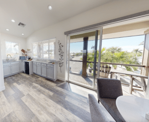Kitchen and patio with outdoor view